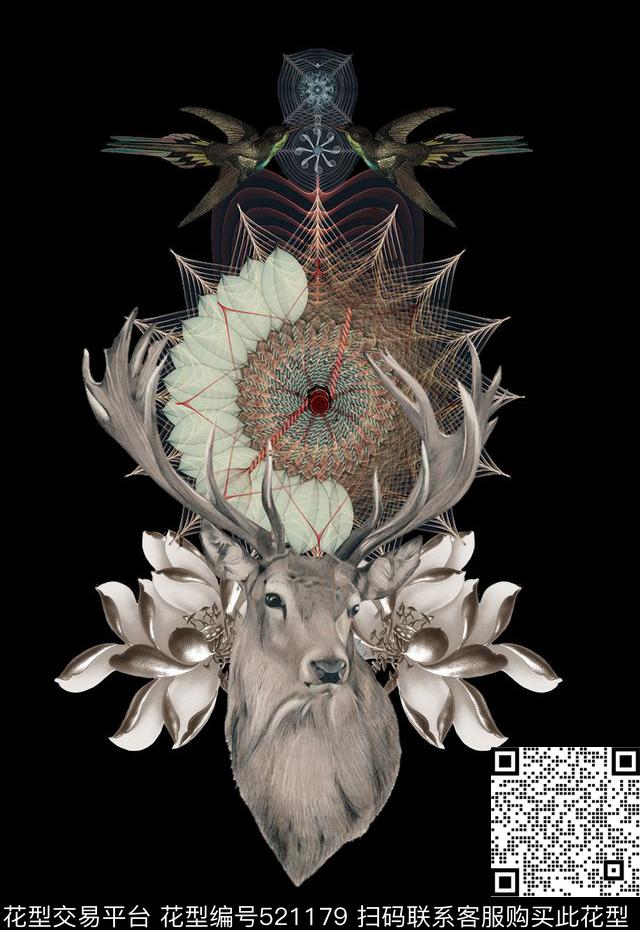 潮流时尚定位鹿头花卉动物数码印花华亿平台下载（图片编号: 521179） - 瓦栏（Walan）