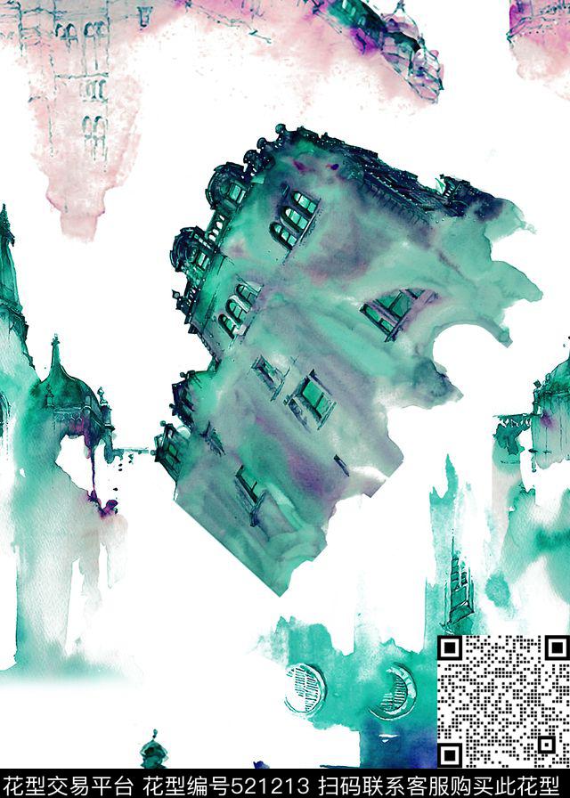 欧式复古城堡群手绘数码印花华亿平台下载（图片编号: 521213） - 瓦栏（Walan）