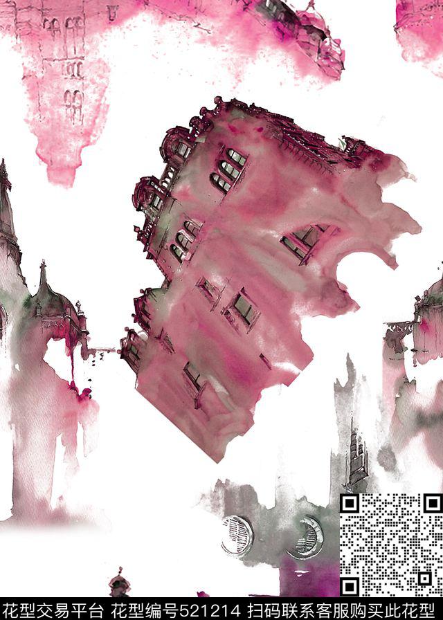 欧式复古城堡群手绘数码印花华亿平台下载（图片编号: 521214） - 瓦栏（Walan）