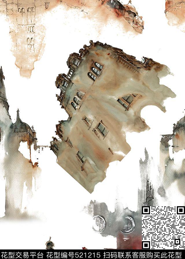 欧式复古城堡群手绘数码印花华亿平台下载（图片编号: 521215） - 瓦栏（Walan）