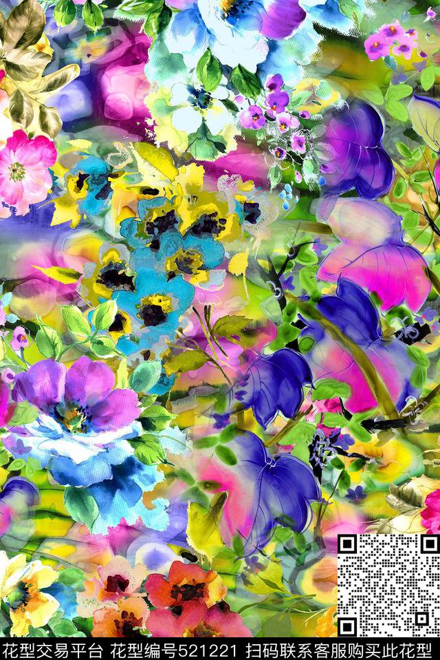 抽象意境手绘水彩花卉数码印花华亿平台下载（图片编号: 521221） - 瓦栏（Walan）