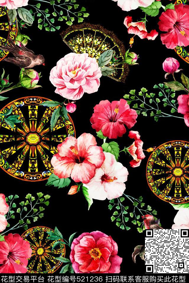 手绘时尚欧美车轮扇子花卉手绘时尚欧美车轮扇子花卉女装鸟玫瑰百合喇叭花水彩水墨H【抽象】数码印花华亿平台下载（图片编号: 521236） - 瓦栏（Walan）