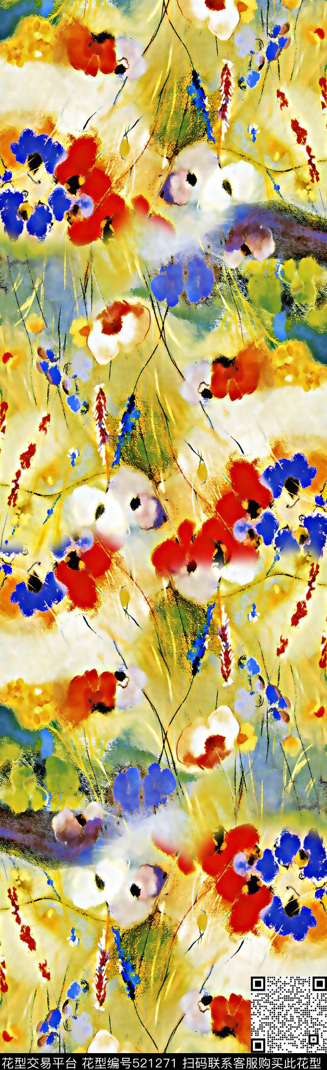 花卉油画小花清新数码印花华亿平台下载（图片编号: 521271） - 瓦栏（Walan）