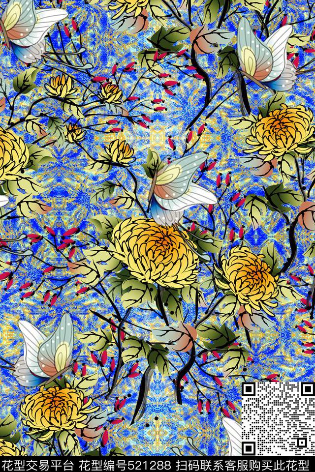 手绘抽象石纹菊花、蝴蝶数码印花华亿平台下载（图片编号: 521288） - 瓦栏（Walan）