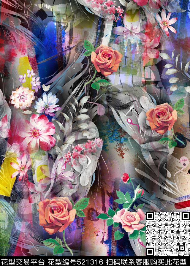 花卉抽象树枝数码印花华亿平台下载（图片编号: 521316） - 瓦栏（Walan）