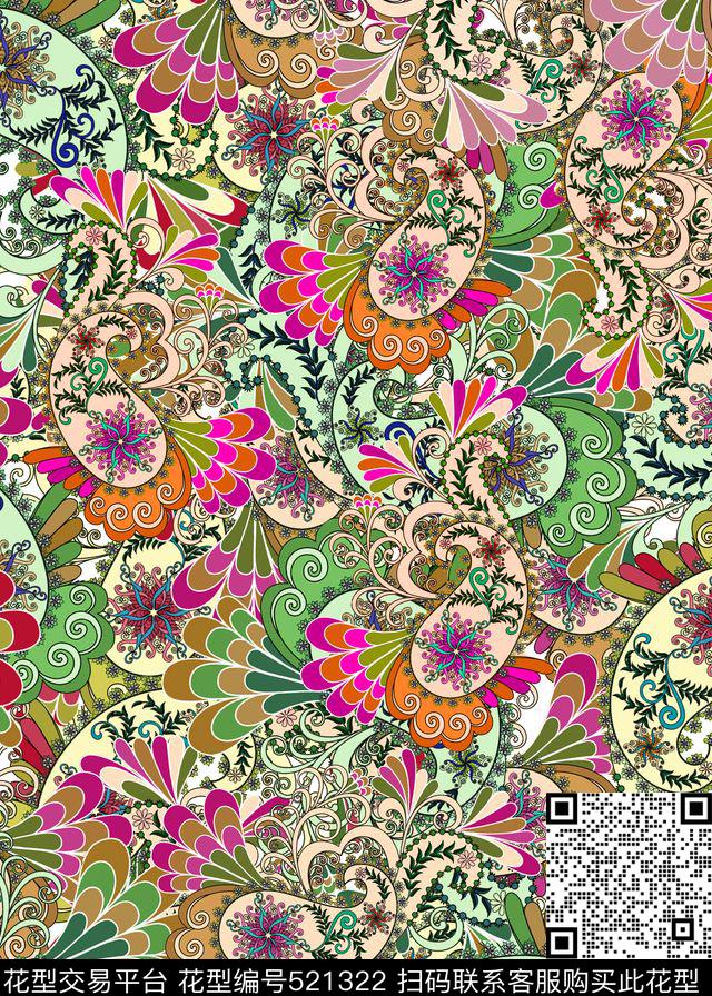 佩斯利涡旋线民族风色块传统印花华亿平台下载（图片编号: 521322） - 瓦栏（Walan）