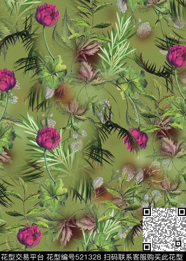 花卉穗草青绿数码印花华亿平台下载（图片编号: 521328） - 瓦栏（Walan）