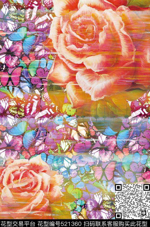 潮流时尚大牌手绘蝴蝶几何条纹。朦胧欧美花卉数码印花华亿平台下载（图片编号: 521360） - 瓦栏（Walan）