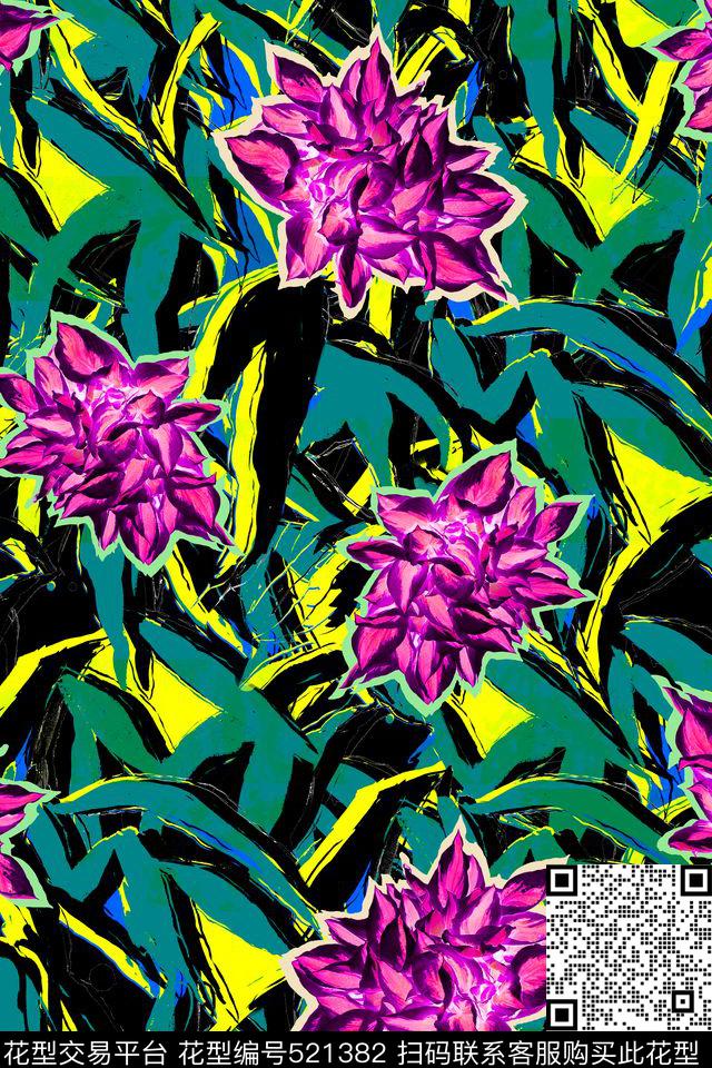 异域风情手绘花卉热带数码印花华亿平台下载（图片编号: 521382） - 瓦栏（Walan）