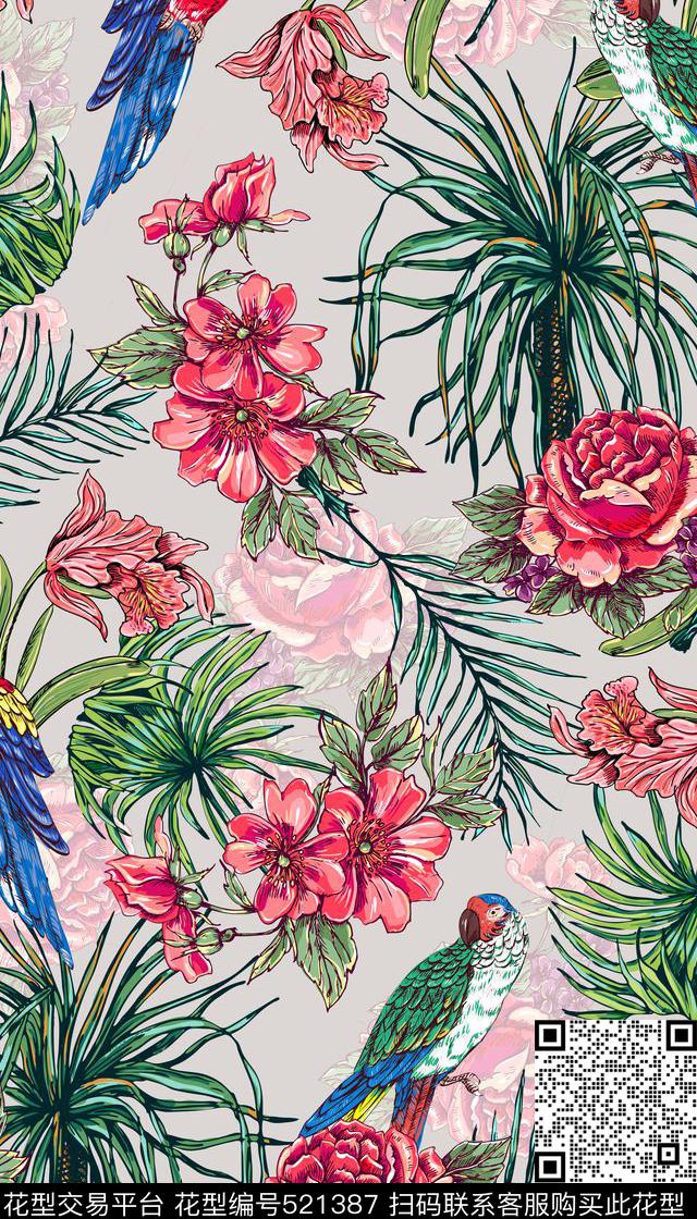 热带风情棕榈叶鹦鹉数码印花华亿平台下载（图片编号: 521387） - 瓦栏（Walan）