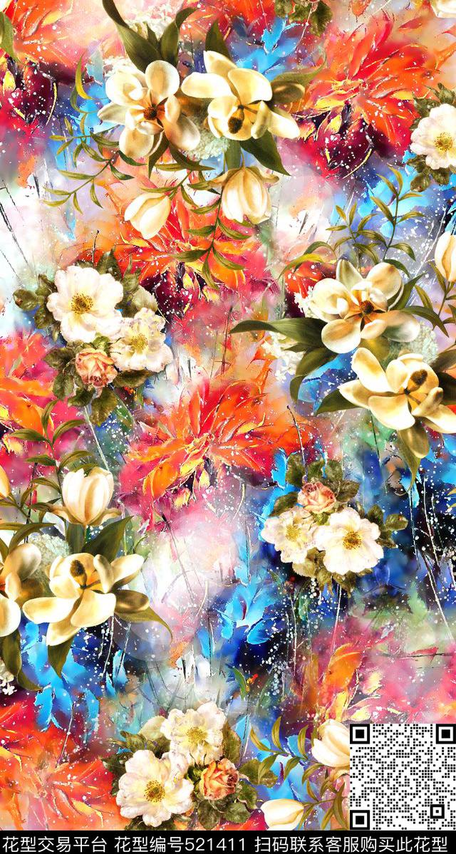 油画罂粟花白色花卉数码印花华亿平台下载（图片编号: 521411） - 瓦栏（Walan）