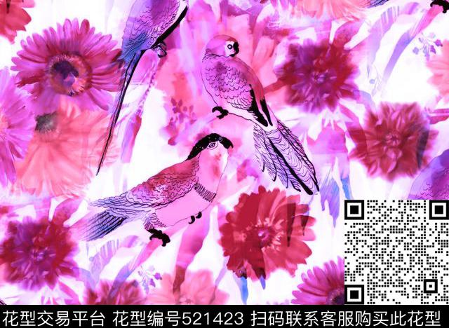 水彩鹦鹉花卉数码印花华亿平台下载（图片编号: 521423） - 瓦栏（Walan）