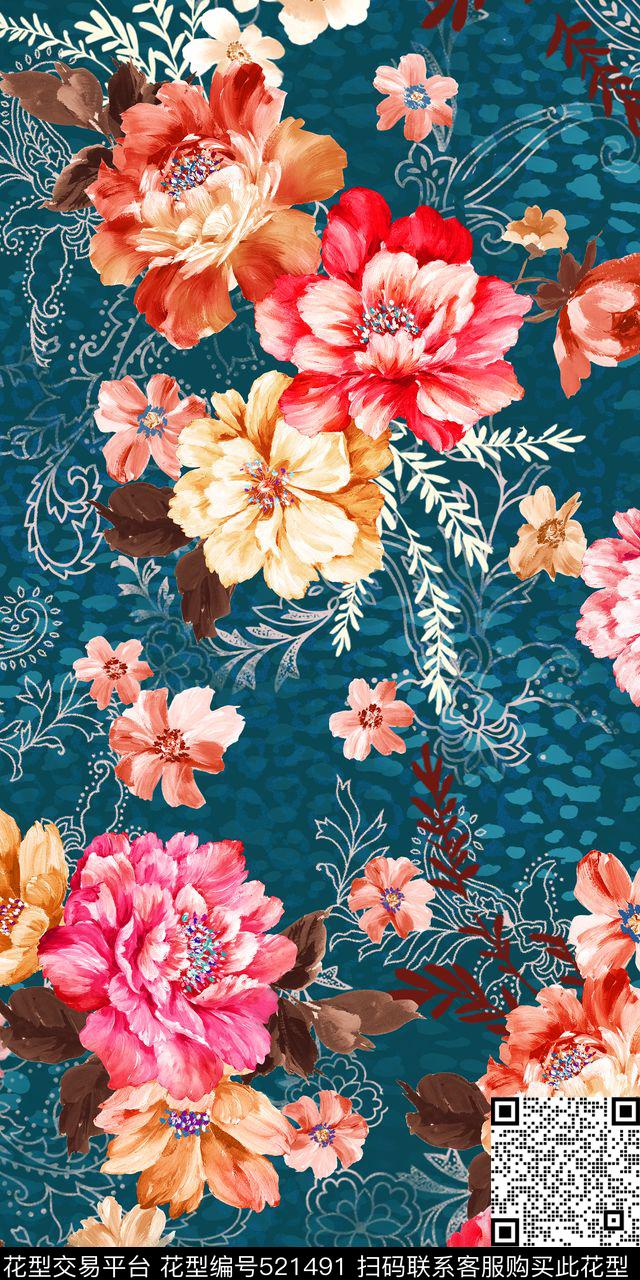 满版华亿平台手绘大花中老年装数码印花华亿平台下载（图片编号: 521491） - 瓦栏（Walan）