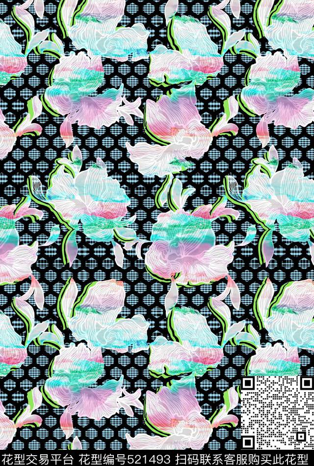 古典迷幻混搭时尚线描大花迷幻风景几何网格条格格纹叠加数码印花华亿平台下载（图片编号: 521493） - 瓦栏（Walan）