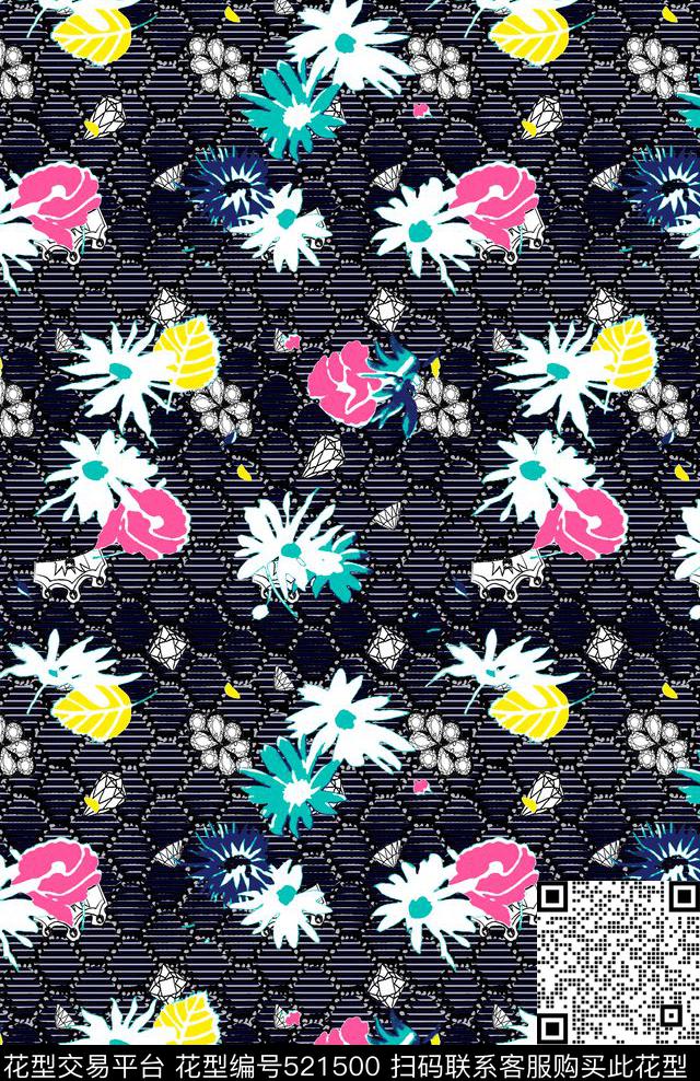 彩色小花小叶片几何肌理钻石皇冠线描叠加渐变清新自然混搭传统印花华亿平台下载（图片编号: 521500） - 瓦栏（Walan）