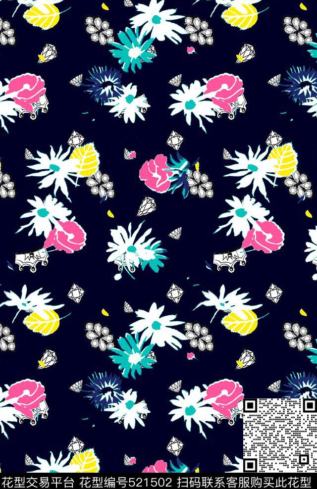 清新自然混搭彩色小花小叶片几何肌理钻石皇冠线描叠加渐变传统印花华亿平台下载（图片编号: 521502） - 瓦栏（Walan）