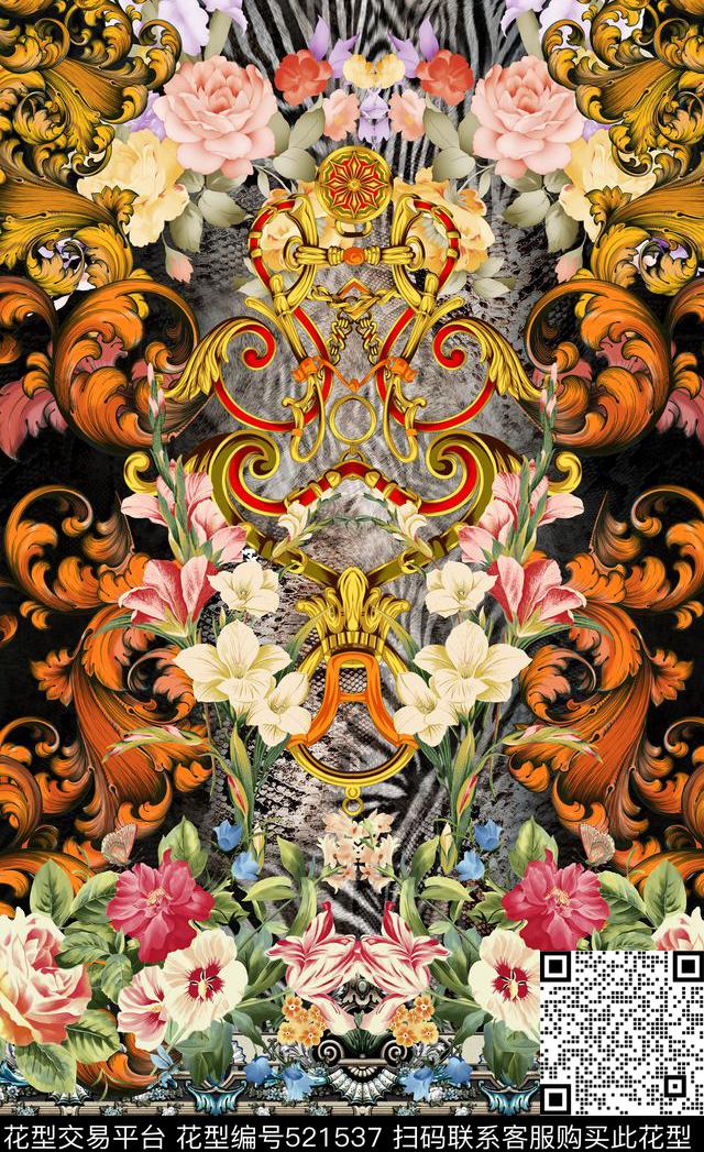 潮流时尚定位大牌欧式复古花卉数码印花华亿平台下载（图片编号: 521537） - 瓦栏（Walan）