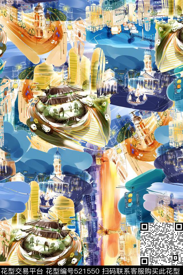 手绘城市风光夜景数码印花华亿平台下载（图片编号: 521550） - 瓦栏（Walan）