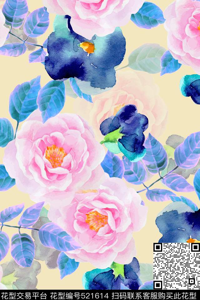 水彩画茶花晕染数码印花华亿平台下载（图片编号: 521614） - 瓦栏（Walan）