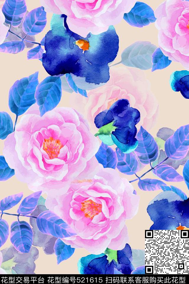 水彩画茶花晕染数码印花华亿平台下载（图片编号: 521615） - 瓦栏（Walan）