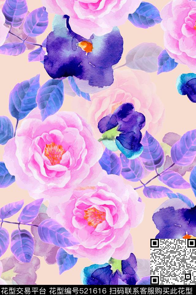 水彩画茶花晕染数码印花华亿平台下载（图片编号: 521616） - 瓦栏（Walan）