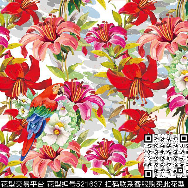 数码印花百合花卉鹦鹉数码印花华亿平台下载（图片编号: 521637） - 瓦栏（Walan）