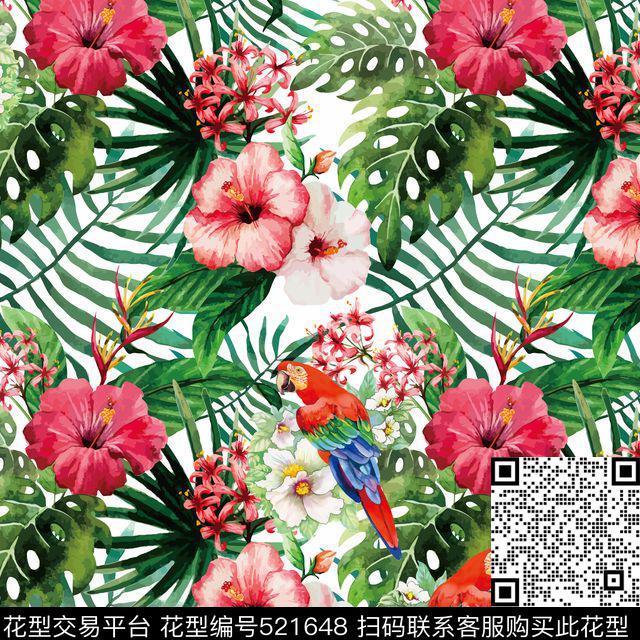 热带风情花卉鹦鹉数码印花华亿平台下载（图片编号: 521648） - 瓦栏（Walan）