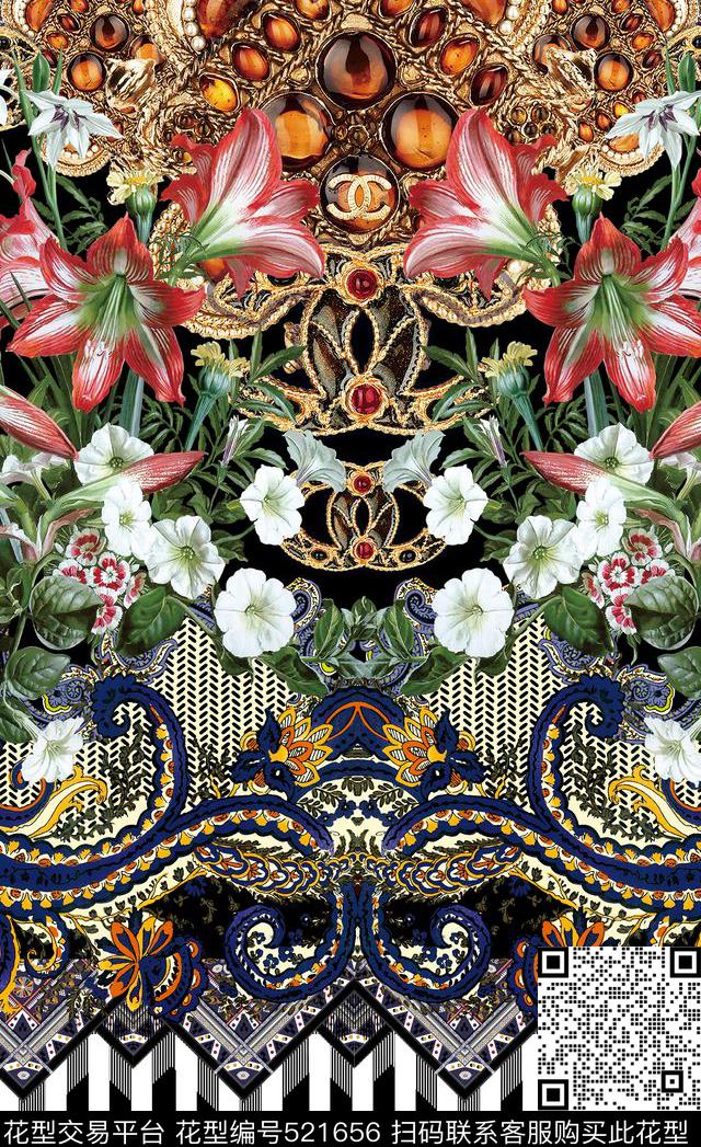 潮流时尚大牌欧式金属花卉条纹数码印花华亿平台下载（图片编号: 521656） - 瓦栏（Walan）