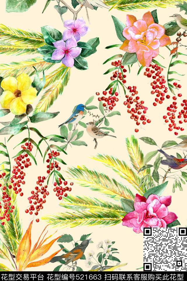 田园风春夏植物数码印花华亿平台下载（图片编号: 521663） - 瓦栏（Walan）