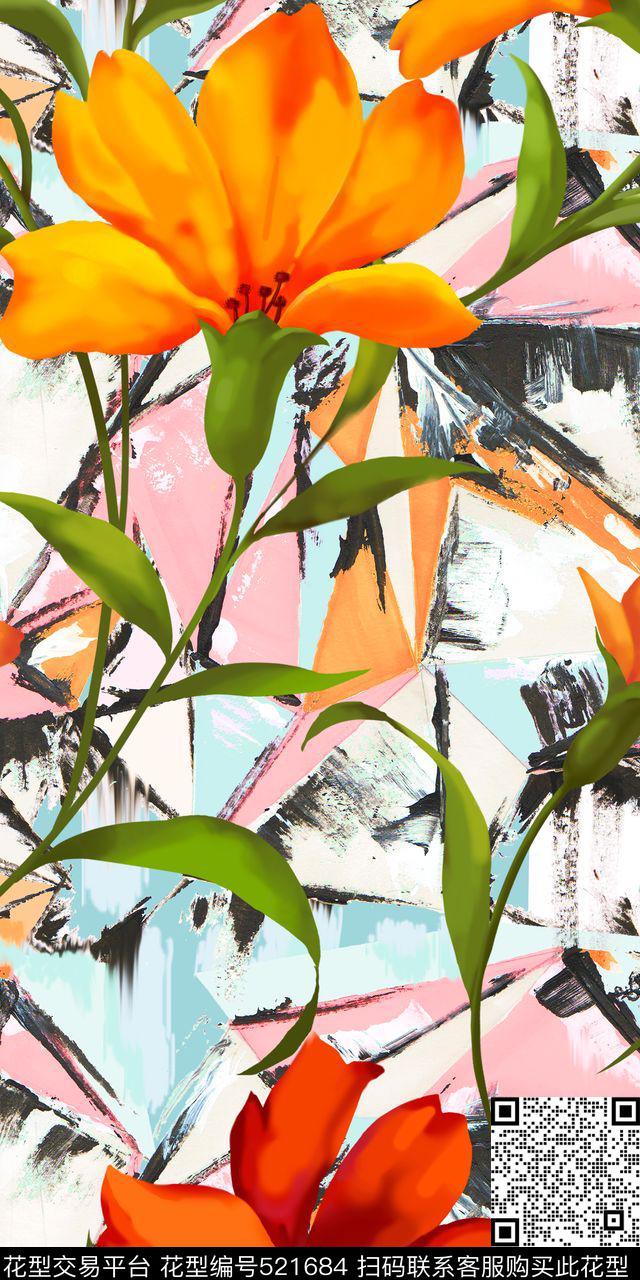 流行时尚欧美手绘抽象几何花卉数码印花华亿平台下载（图片编号: 521684） - 瓦栏（Walan）