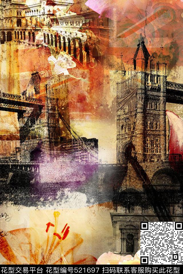 英伦复古复古建筑塔桥玫瑰花卉油画花卉精美男装独幅图案四方连续男士秋冬衬衫大牌女装数码印花华亿平台下载（图片编号: 521697） - 瓦栏（Walan）