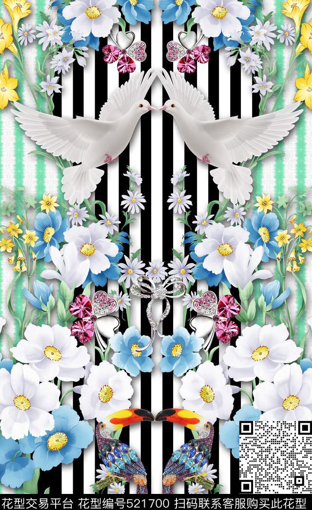 潮流时尚手绘花卉条纹白鸽数码印花华亿平台下载（图片编号: 521700） - 瓦栏（Walan）