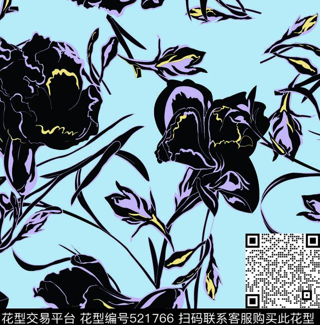 手绘黑花流行色调花朵复古时尚华亿平台数码印花华亿平台下载（图片编号: 521766） - 瓦栏（Walan）