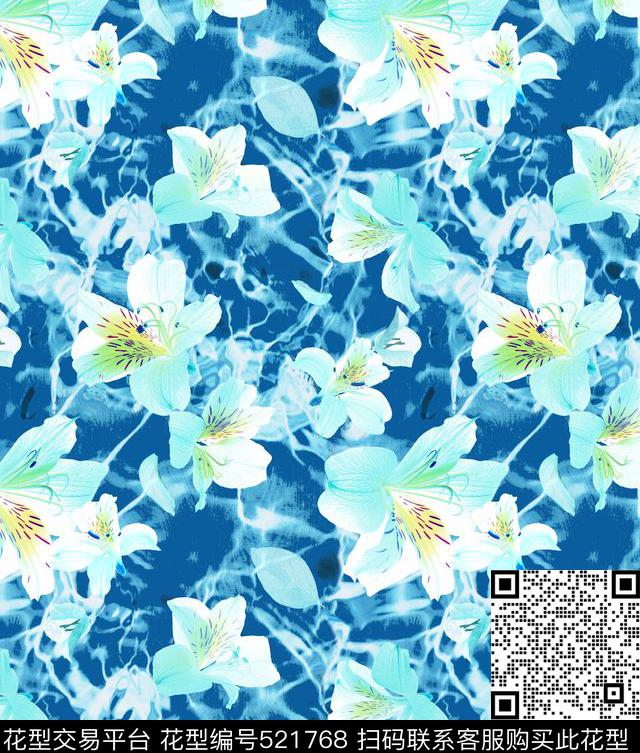 浪漫成熟透明花写实水影水花水波纹叠加数码印花华亿平台下载（图片编号: 521768） - 瓦栏（Walan）