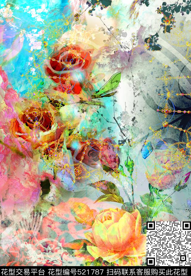 抽象炫彩花卉星云女装定位图案T恤数码印花华亿平台下载（图片编号: 521787） - 瓦栏（Walan）