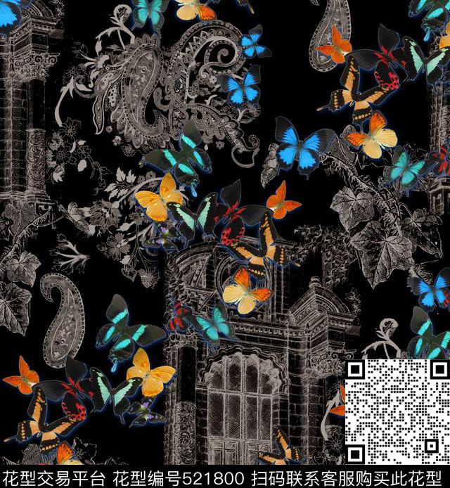 欧式中国风欧式建筑花绘结合数码印花华亿平台下载（图片编号: 521800） - 瓦栏（Walan）