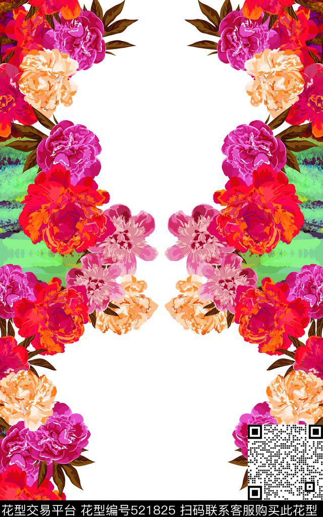 花卉对称定位数码印花华亿平台下载（图片编号: 521825） - 瓦栏（Walan）
