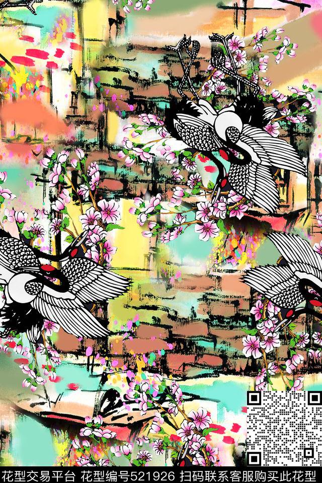 水墨风景花卉鸟花卉数码印花华亿平台下载（图片编号: 521926） - 瓦栏（Walan）