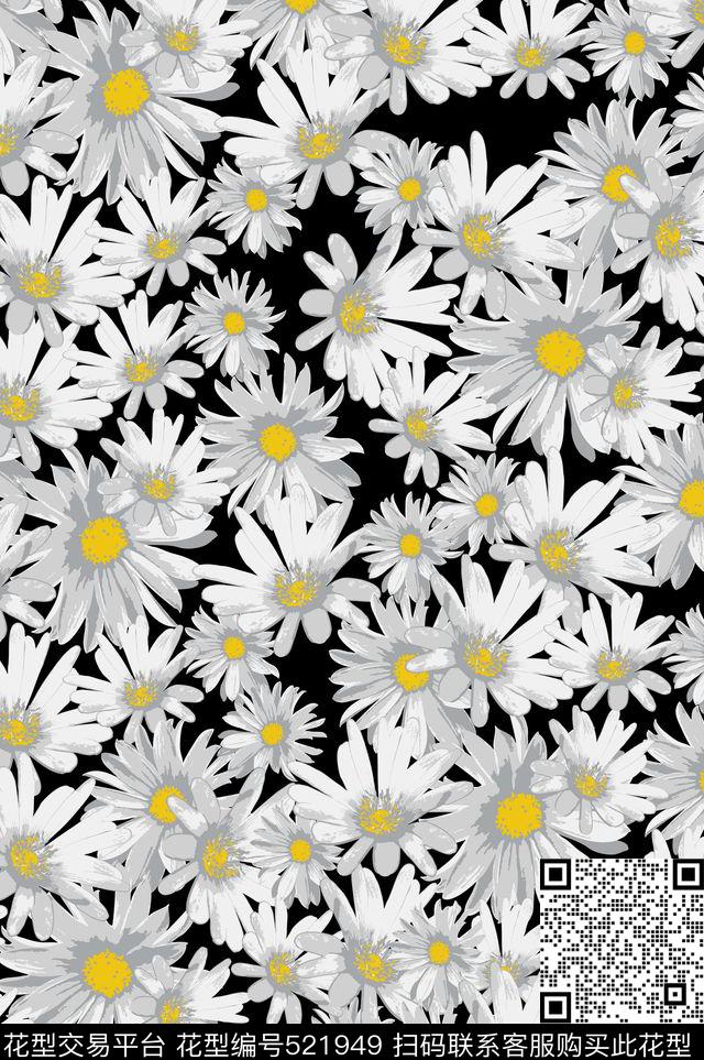 欧美非洲菊黑白色传统印花华亿平台下载（图片编号: 521949） - 瓦栏（Walan）