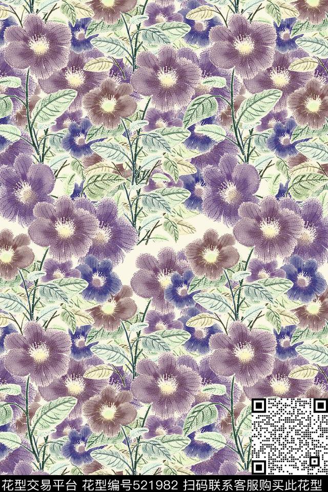 电脑绘画花卉浪漫数码印花华亿平台下载（图片编号: 521982） - 瓦栏（Walan）