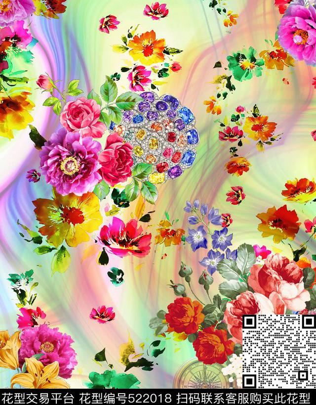 抽象大方花卉数码印花华亿平台下载（图片编号: 522018） - 瓦栏（Walan）
