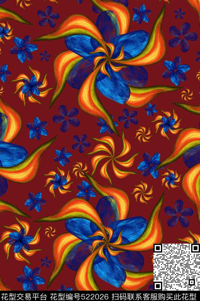时尚手绘花卉传统印花华亿平台下载（图片编号: 522026） - 瓦栏（Walan）