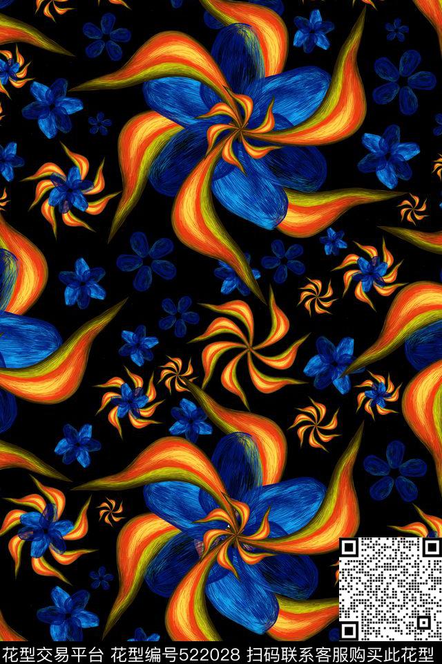 时尚手绘花卉传统印花华亿平台下载（图片编号: 522028） - 瓦栏（Walan）