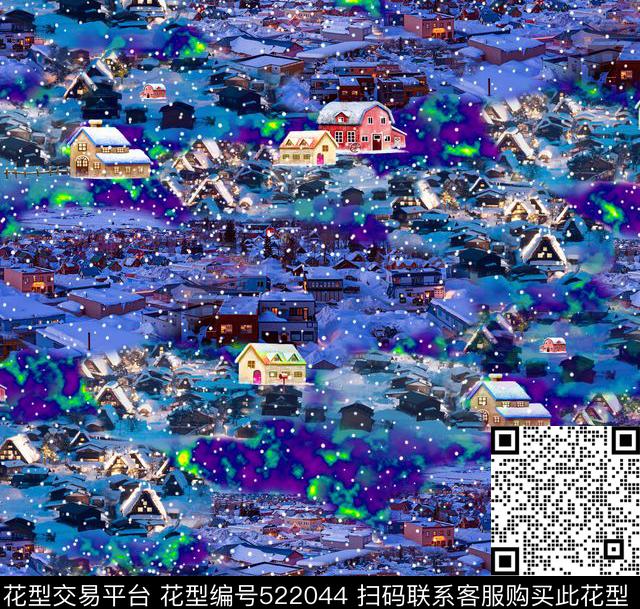 北欧小镇风情北极光雪景数码印花华亿平台下载（图片编号: 522044） - 瓦栏（Walan）