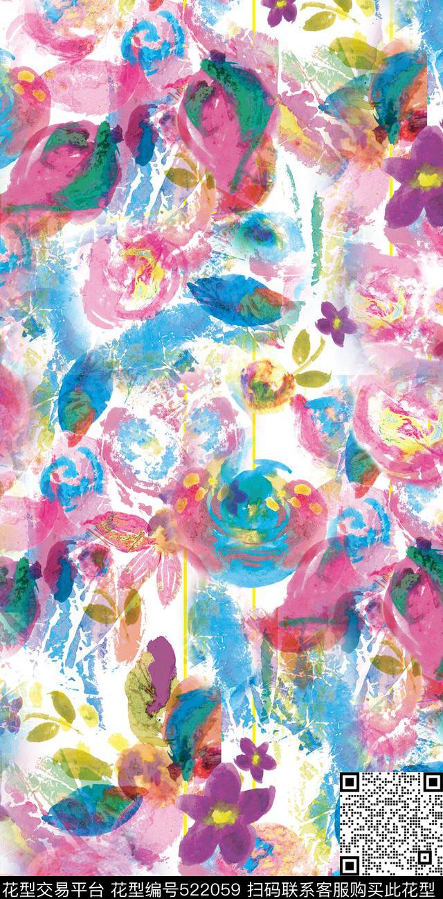 花卉潮流时尚大牌手绘朦胧绚丽色彩花卉数码印花华亿平台下载（图片编号: 522059） - 瓦栏（Walan）