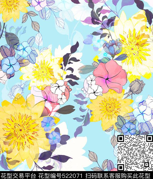 风格花卉手绘数码印花华亿平台下载（图片编号: 522071） - 瓦栏（Walan）