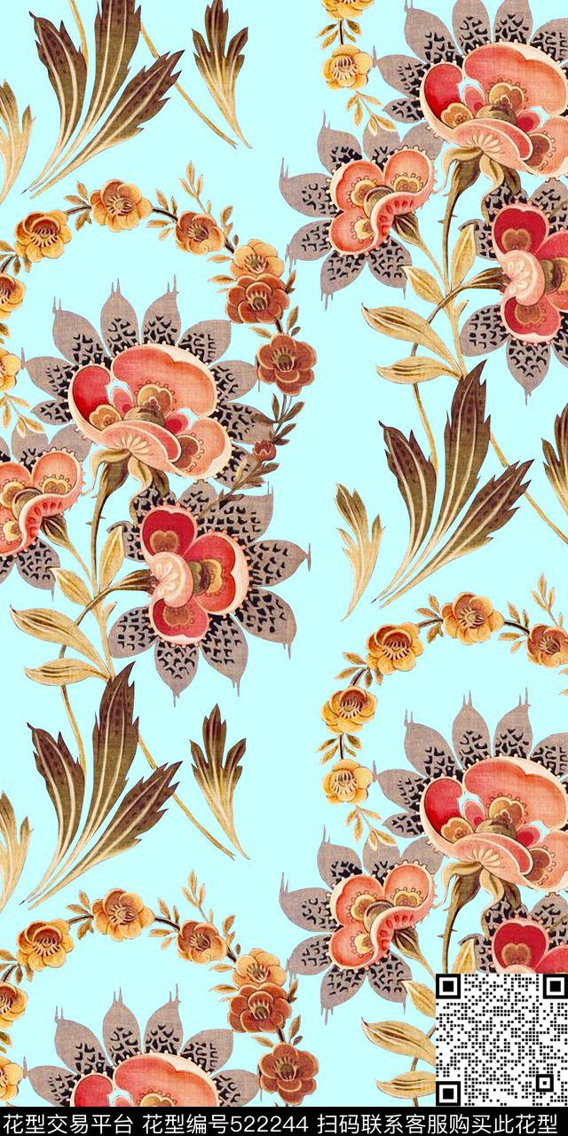 民族传统牡丹手绘数码印花华亿平台下载（图片编号: 522244） - 瓦栏（Walan）