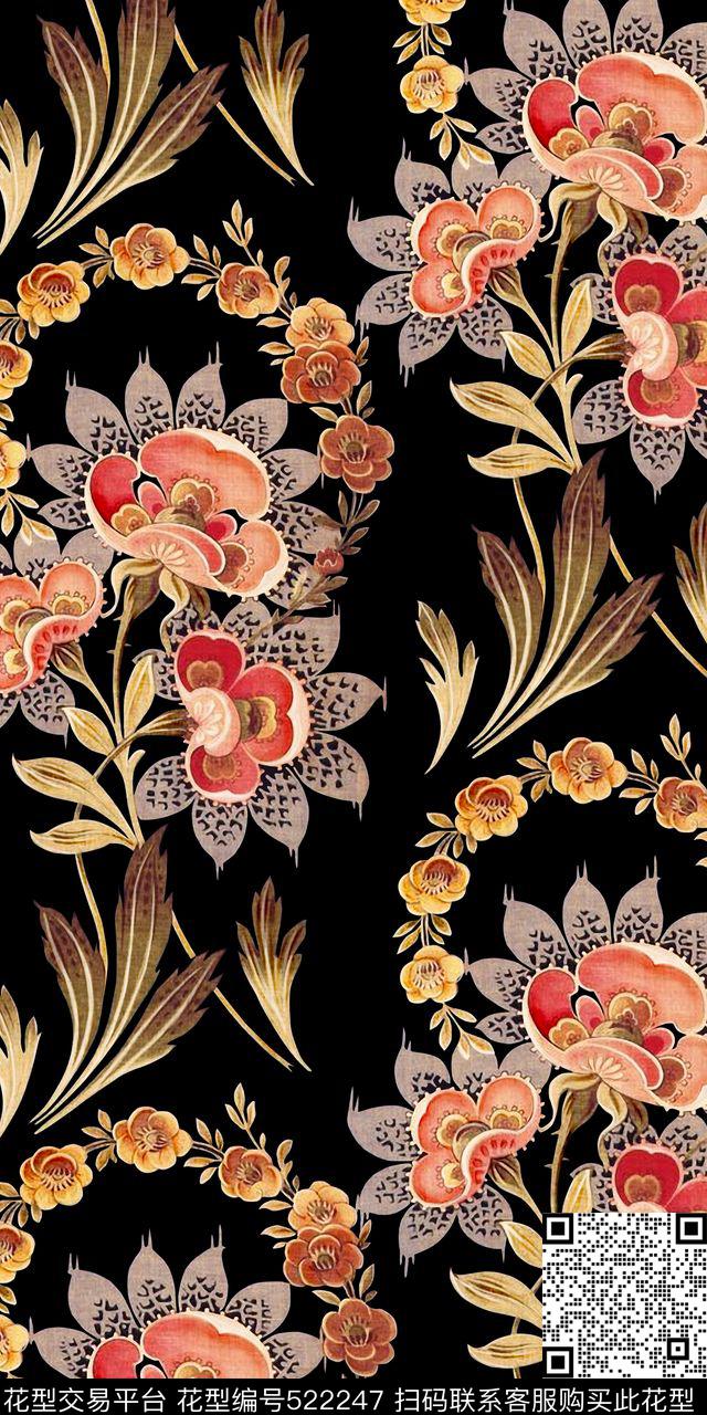 民族传统牡丹手绘数码印花华亿平台下载（图片编号: 522247） - 瓦栏（Walan）