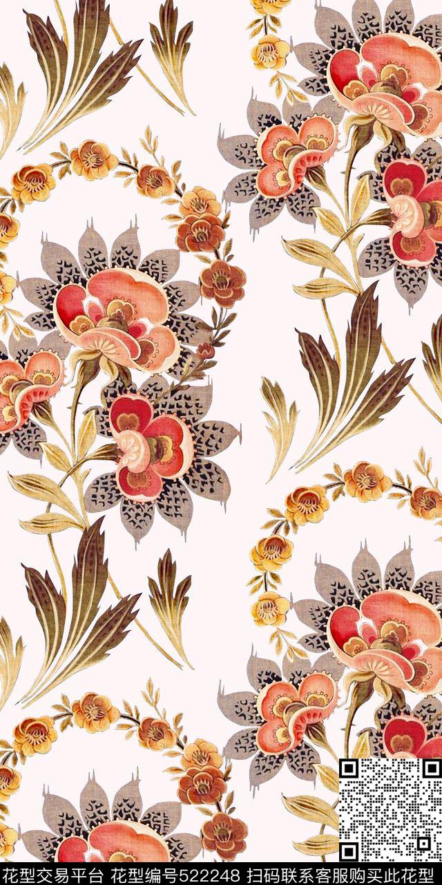 民族传统牡丹手绘数码印花华亿平台下载（图片编号: 522248） - 瓦栏（Walan）