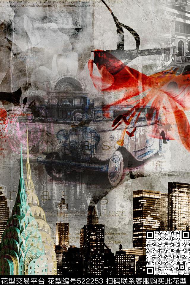 抽象写意建筑帝国大厦照片花卉欧美休闲时尚男士休闲装数码印花华亿平台下载（图片编号: 522253） - 瓦栏（Walan）